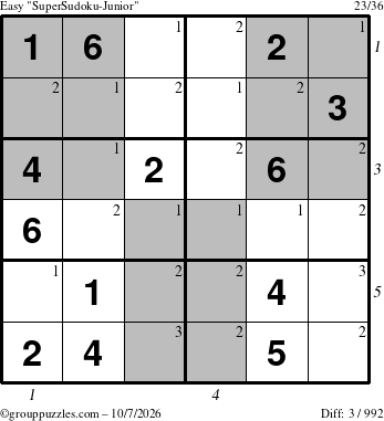 The grouppuzzles.com Easy SuperSudoku-Junior puzzle for Wednesday October 7, 2026, suitable for printing, with all 3 steps marked