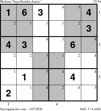 The grouppuzzles.com Medium SuperSudoku-Junior puzzle for Wednesday October 7, 2026 with all 5 steps marked