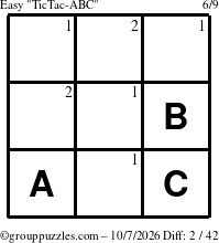The grouppuzzles.com Easy TicTac-ABC puzzle for Wednesday October 7, 2026 with the first 2 steps marked