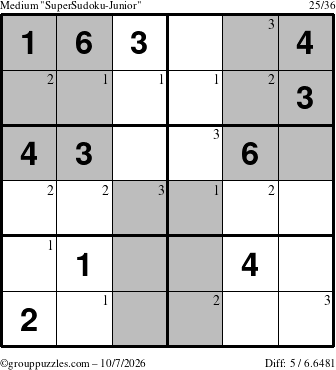 The grouppuzzles.com Medium SuperSudoku-Junior puzzle for Wednesday October 7, 2026 with the first 3 steps marked