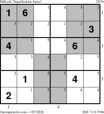 The grouppuzzles.com Difficult SuperSudoku-Junior puzzle for Wednesday October 7, 2026, suitable for printing, with all 5 steps marked
