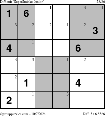 The grouppuzzles.com Difficult SuperSudoku-Junior puzzle for Wednesday October 7, 2026 with the first 3 steps marked