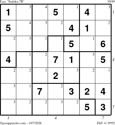 The grouppuzzles.com Easy Sudoku-7B puzzle for Wednesday October 7, 2026, suitable for printing, with all 4 steps marked