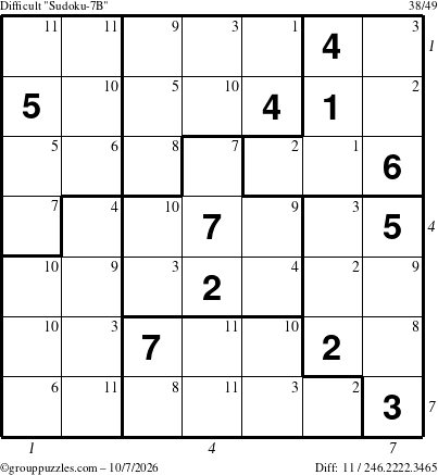 The grouppuzzles.com Difficult Sudoku-7B puzzle for Wednesday October 7, 2026, suitable for printing, with all 11 steps marked