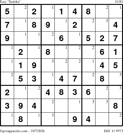 The grouppuzzles.com Easy Sudoku puzzle for Wednesday October 7, 2026 with the first 3 steps marked