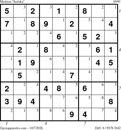 The grouppuzzles.com Medium Sudoku puzzle for Wednesday October 7, 2026, suitable for printing, with all 8 steps marked