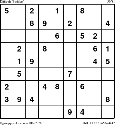 The grouppuzzles.com Difficult Sudoku puzzle for Wednesday October 7, 2026
