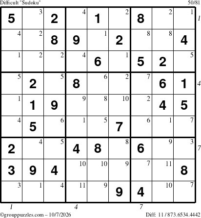 The grouppuzzles.com Difficult Sudoku puzzle for Wednesday October 7, 2026, suitable for printing, with all 11 steps marked