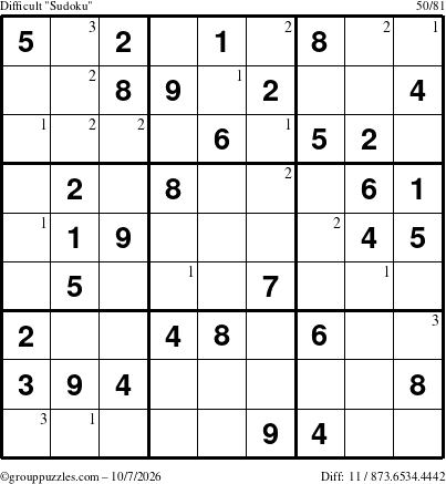 The grouppuzzles.com Difficult Sudoku puzzle for Wednesday October 7, 2026 with the first 3 steps marked