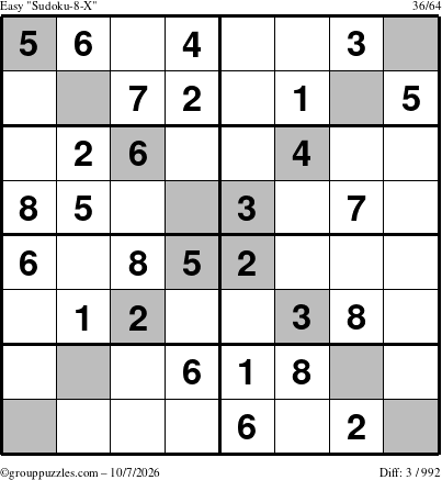 The grouppuzzles.com Easy Sudoku-8-X puzzle for Wednesday October 7, 2026