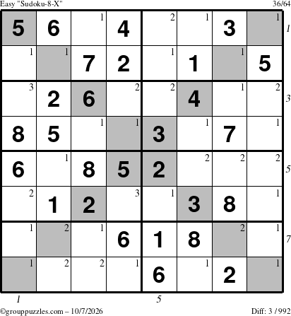 The grouppuzzles.com Easy Sudoku-8-X puzzle for Wednesday October 7, 2026 with all 3 steps marked