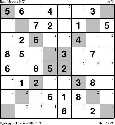 The grouppuzzles.com Easy Sudoku-8-X puzzle for Wednesday October 7, 2026 with the first 3 steps marked
