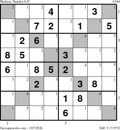 The grouppuzzles.com Medium Sudoku-8-X puzzle for Wednesday October 7, 2026, suitable for printing, with all 5 steps marked