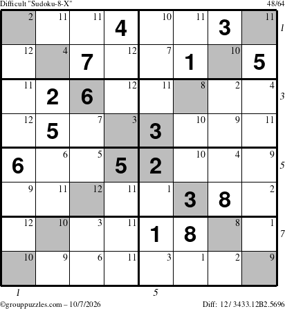 The grouppuzzles.com Difficult Sudoku-8-X puzzle for Wednesday October 7, 2026 with all 12 steps marked