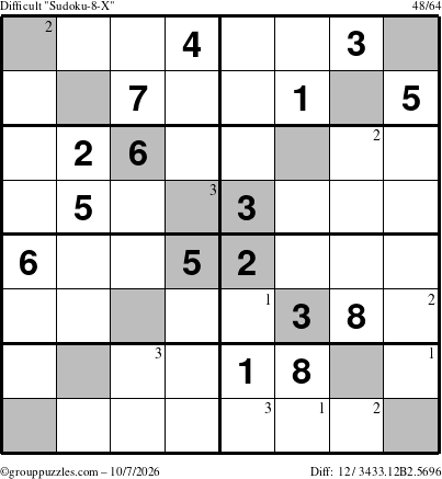 The grouppuzzles.com Difficult Sudoku-8-X puzzle for Wednesday October 7, 2026 with the first 3 steps marked