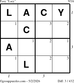 The grouppuzzles.com Easy Lacy puzzle for Saturday May 2, 2026 with all 3 steps marked