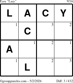 The grouppuzzles.com Easy Lacy puzzle for Saturday May 2, 2026 with the first 3 steps marked