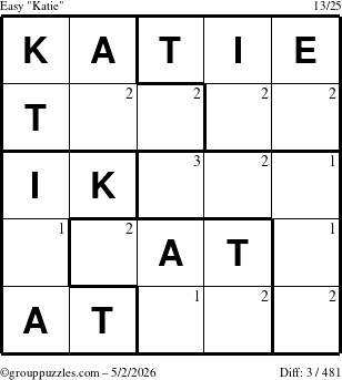 The grouppuzzles.com Easy Katie puzzle for Saturday May 2, 2026 with the first 3 steps marked