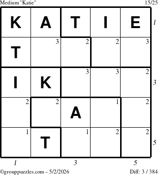 The grouppuzzles.com Medium Katie puzzle for Saturday May 2, 2026, suitable for printing, with all 3 steps marked