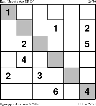 The grouppuzzles.com Easy Sudoku-6up-UR-D puzzle for Saturday May 2, 2026