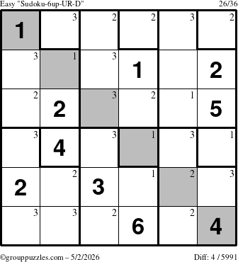 The grouppuzzles.com Easy Sudoku-6up-UR-D puzzle for Saturday May 2, 2026 with the first 3 steps marked