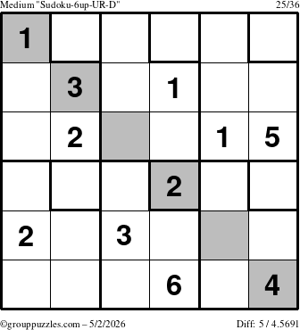 The grouppuzzles.com Medium Sudoku-6up-UR-D puzzle for Saturday May 2, 2026