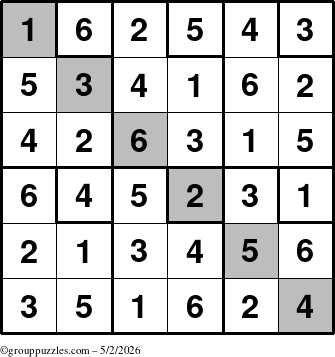 The grouppuzzles.com Answer grid for the Sudoku-6up-UR-D puzzle for Saturday May 2, 2026
