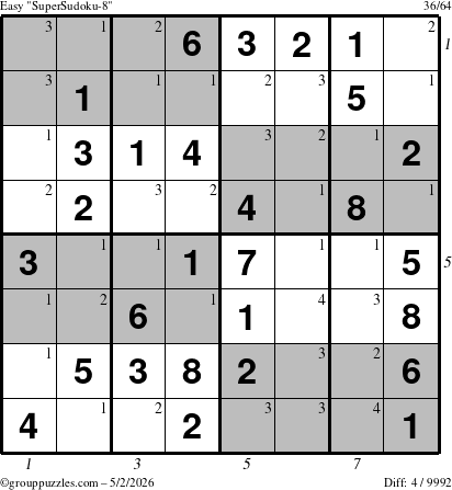 The grouppuzzles.com Easy SuperSudoku-8 puzzle for Saturday May 2, 2026 with all 4 steps marked