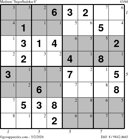 The grouppuzzles.com Medium SuperSudoku-8 puzzle for Saturday May 2, 2026, suitable for printing, with all 8 steps marked