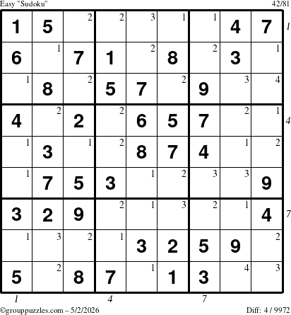 The grouppuzzles.com Easy Sudoku puzzle for Saturday May 2, 2026 with all 4 steps marked