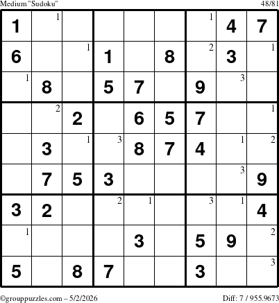 The grouppuzzles.com Medium Sudoku puzzle for Saturday May 2, 2026 with the first 3 steps marked