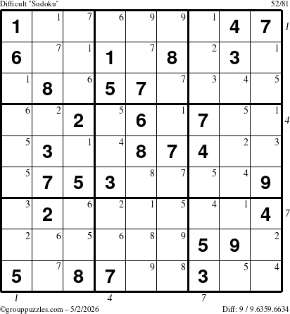 The grouppuzzles.com Difficult Sudoku puzzle for Saturday May 2, 2026 with all 9 steps marked