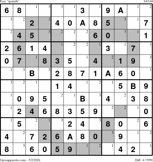 The grouppuzzles.com Easy tpsmith puzzle for Saturday May 2, 2026 with the first 3 steps marked