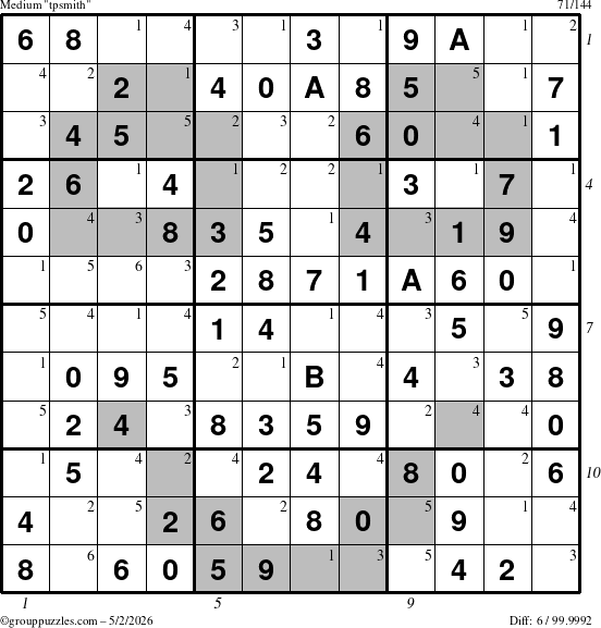 The grouppuzzles.com Medium tpsmith puzzle for Saturday May 2, 2026, suitable for printing, with all 6 steps marked