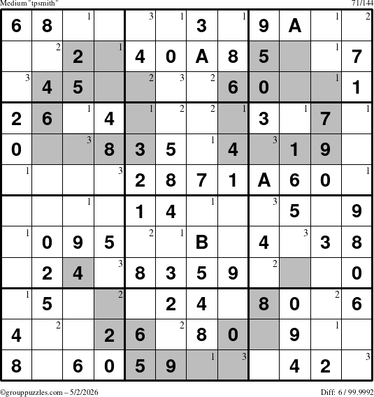 The grouppuzzles.com Medium tpsmith puzzle for Saturday May 2, 2026 with the first 3 steps marked