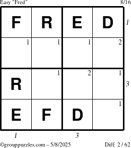 The grouppuzzles.com Easy Fred puzzle for Thursday May 8, 2025 with all 2 steps marked