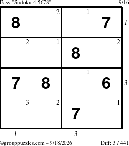 The grouppuzzles.com Easy Sudoku-4-5678 puzzle for Friday September 18, 2026 with all 3 steps marked