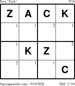 The grouppuzzles.com Easy Zack puzzle for Friday September 18, 2026 with the first 2 steps marked