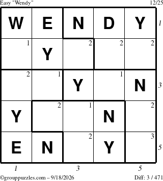 The grouppuzzles.com Easy Wendy puzzle for Friday September 18, 2026, suitable for printing, with all 3 steps marked
