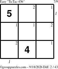 The grouppuzzles.com Easy TicTac-456 puzzle for Friday September 18, 2026, suitable for printing, with all 2 steps marked