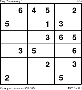 The grouppuzzles.com Easy Sudoku-6up puzzle for Friday September 18, 2026