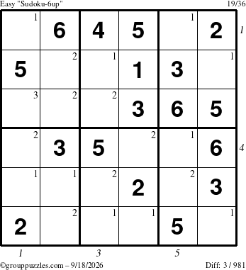 The grouppuzzles.com Easy Sudoku-6up puzzle for Friday September 18, 2026 with all 3 steps marked