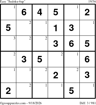 The grouppuzzles.com Easy Sudoku-6up puzzle for Friday September 18, 2026 with the first 3 steps marked