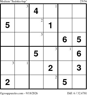 The grouppuzzles.com Medium Sudoku-6up puzzle for Friday September 18, 2026 with the first 3 steps marked