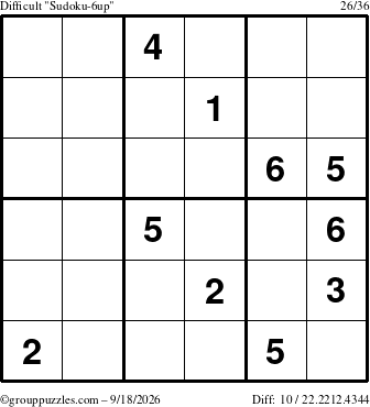 The grouppuzzles.com Difficult Sudoku-6up puzzle for Friday September 18, 2026
