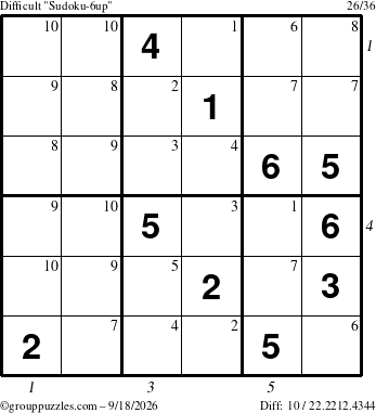 The grouppuzzles.com Difficult Sudoku-6up puzzle for Friday September 18, 2026, suitable for printing, with all 10 steps marked