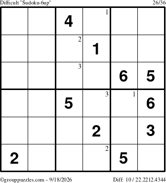 The grouppuzzles.com Difficult Sudoku-6up puzzle for Friday September 18, 2026 with the first 3 steps marked