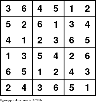 The grouppuzzles.com Answer grid for the Sudoku-6up puzzle for Friday September 18, 2026