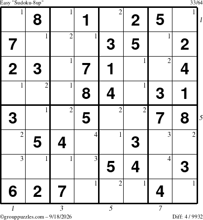 The grouppuzzles.com Easy Sudoku-8up puzzle for Friday September 18, 2026, suitable for printing, with all 4 steps marked