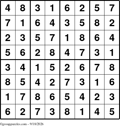 The grouppuzzles.com Answer grid for the Sudoku-8up puzzle for Friday September 18, 2026